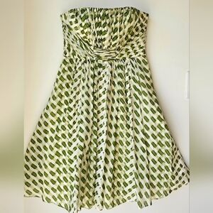 SUZI CHIN Strapless Corset Green and White Silk Dress Ruched Size M 10